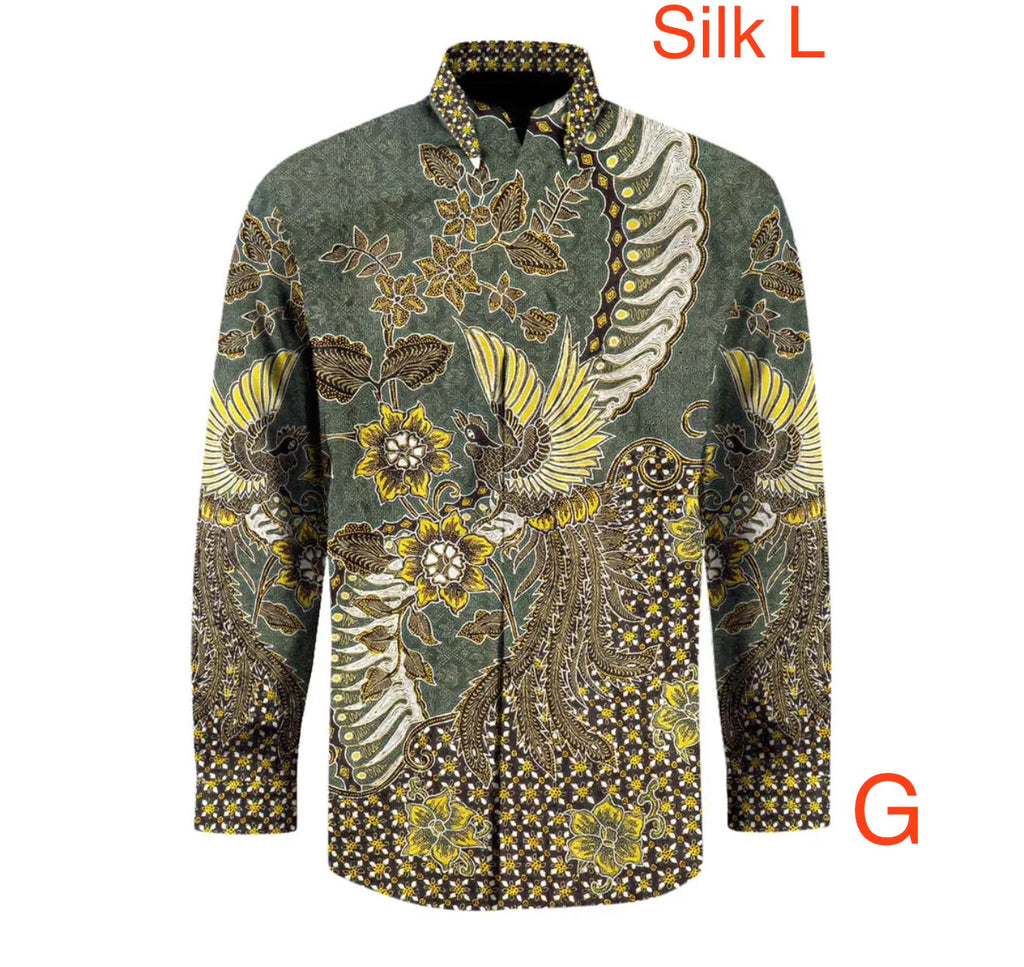 Hand woven silk hand drawn batik long sleeve shirt.