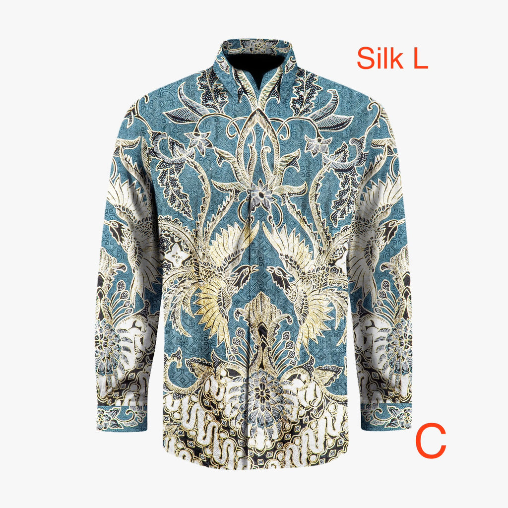 Hand woven silk hand drawn batik long sleeve shirt.