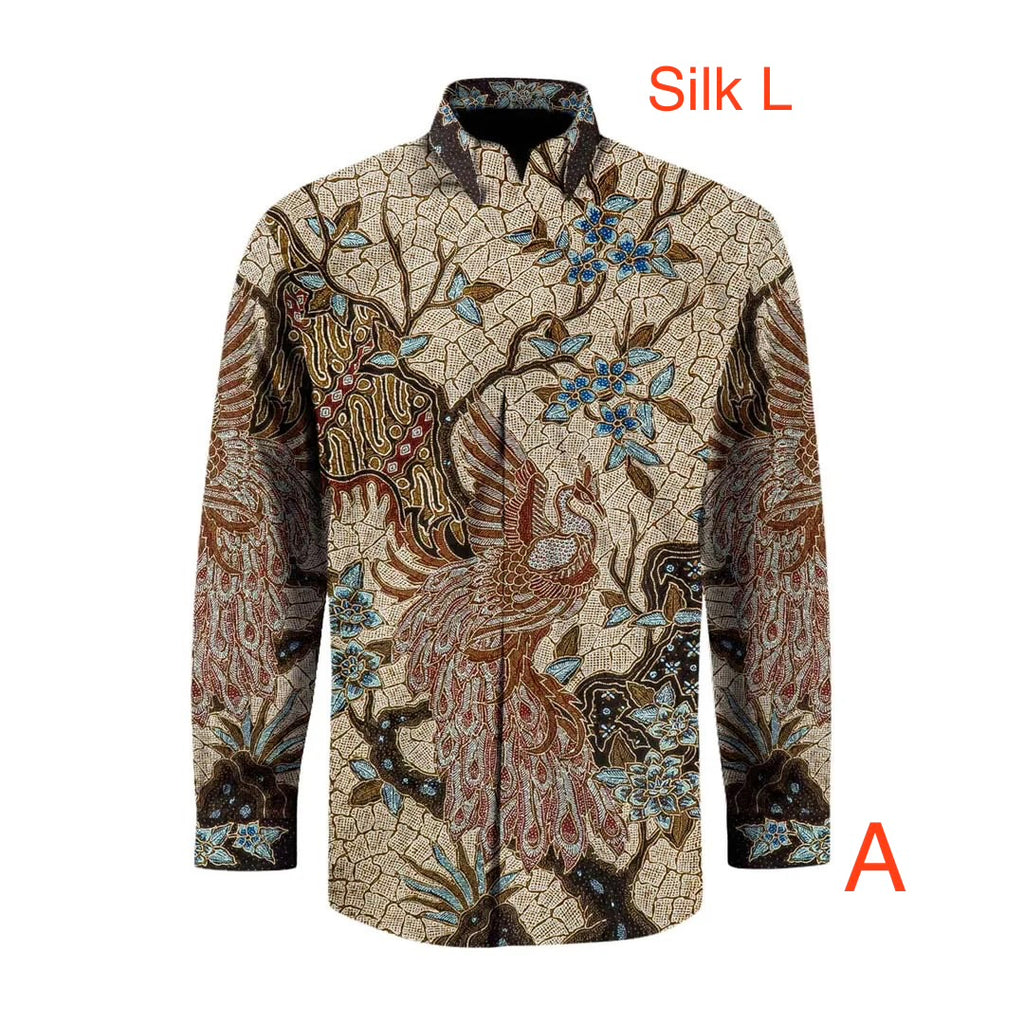 Hand woven silk hand drawn batik long sleeve shirt.
