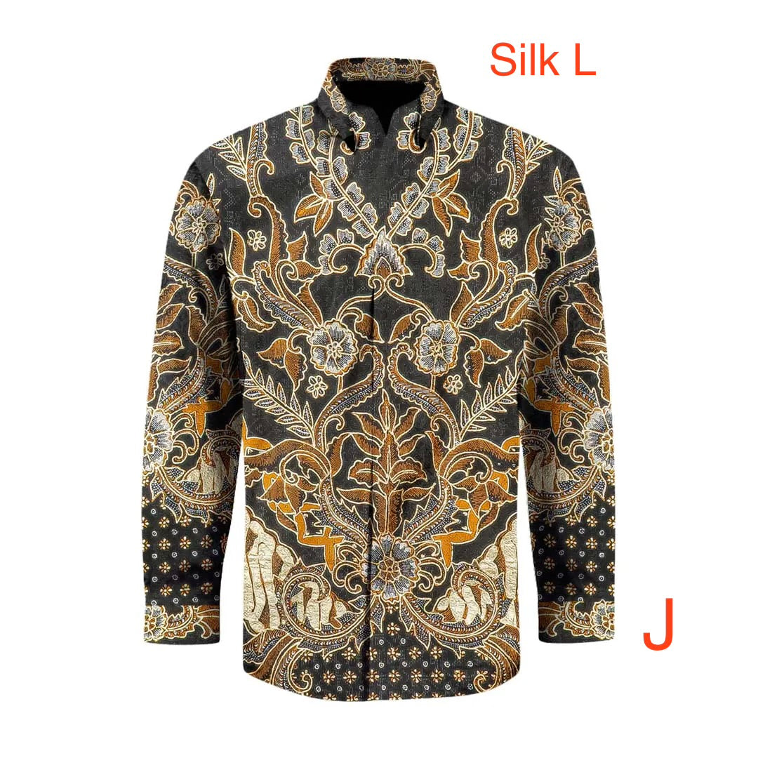 Hand woven silk hand drawn batik long sleeve shirt.